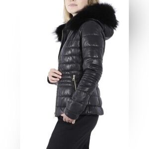 OAKWOOD-Black Jelly Leather Jacket-Sz M - lambskin/racoon fur